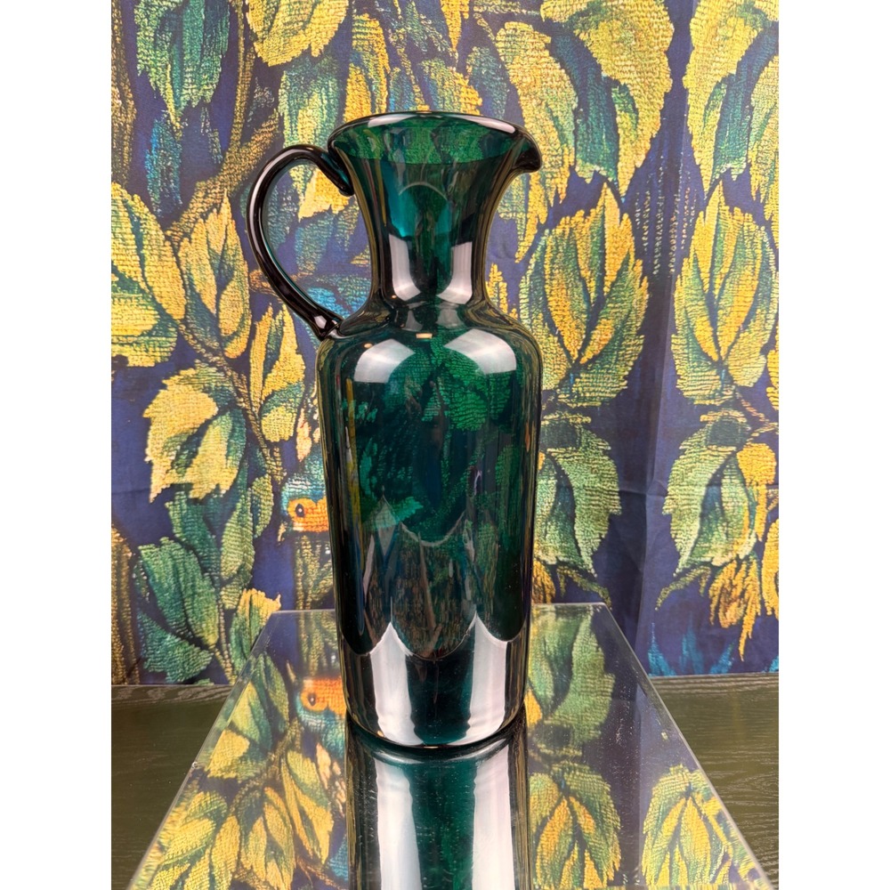 Vintage Teal Green Blown Glass Pitcher Tall Vase‎ Mid Century Art Glass 12.5in